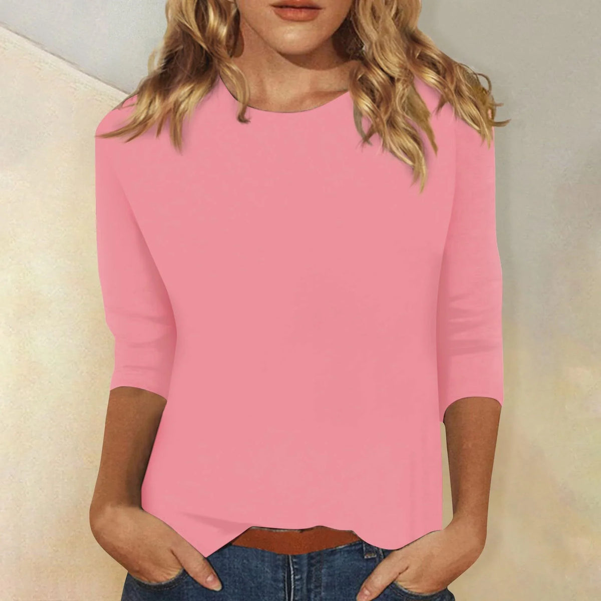 Pink Women's Casual Top with Round Neckline & Three-Quarter Sleeves