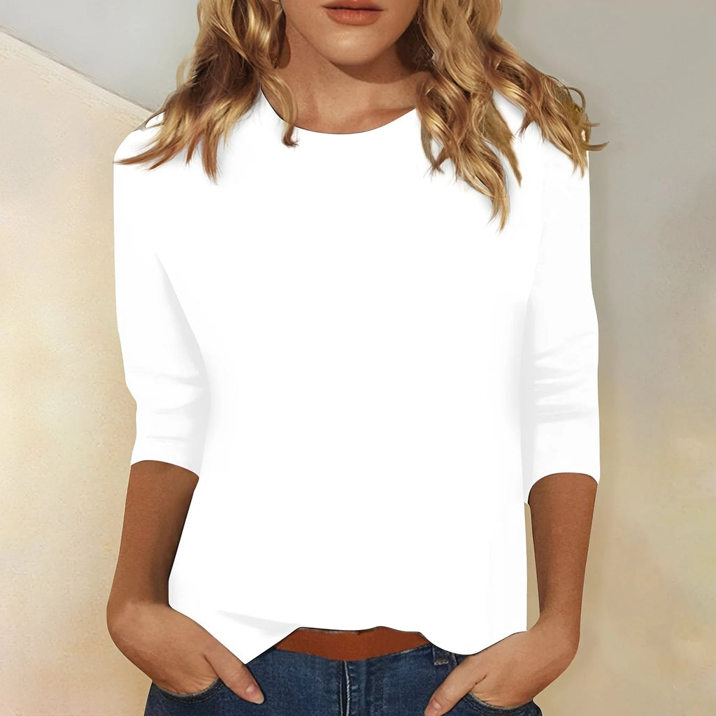 White Women's Casual Top with Round Neckline & Three-Quarter Sleeves - Front Full