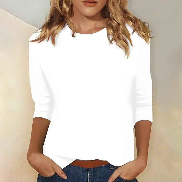 White Women's Casual Top with Round Neckline & Three-Quarter Sleeves - Front Full