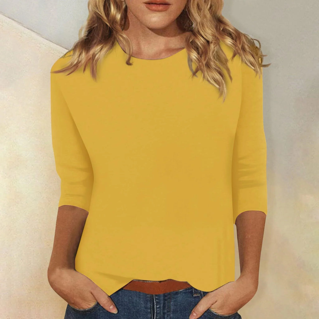 Yellow Women's Casual Top with Round Neckline & Three-Quarter Sleeves