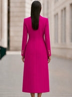 Rose Red Women's Coat Dress Set with Double-Breasted Buttons & Belted Waist - Back Full
