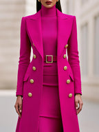 Rose Red Women's Coat Dress Set with Double-Breasted Buttons & Belted Waist - Close Up Buttons