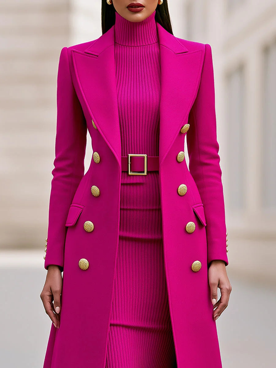 Rose Red Women's Coat Dress Set with Double-Breasted Buttons & Belted Waist - Close Up Buttons