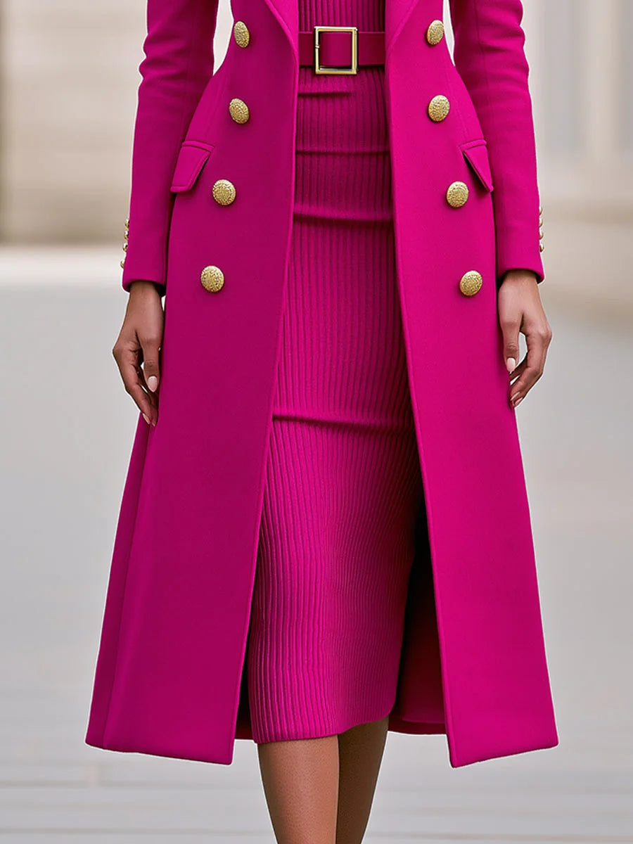 Rose Red Women's Coat Dress Set with Double-Breasted Buttons & Belted Waist - Close Up Hem
