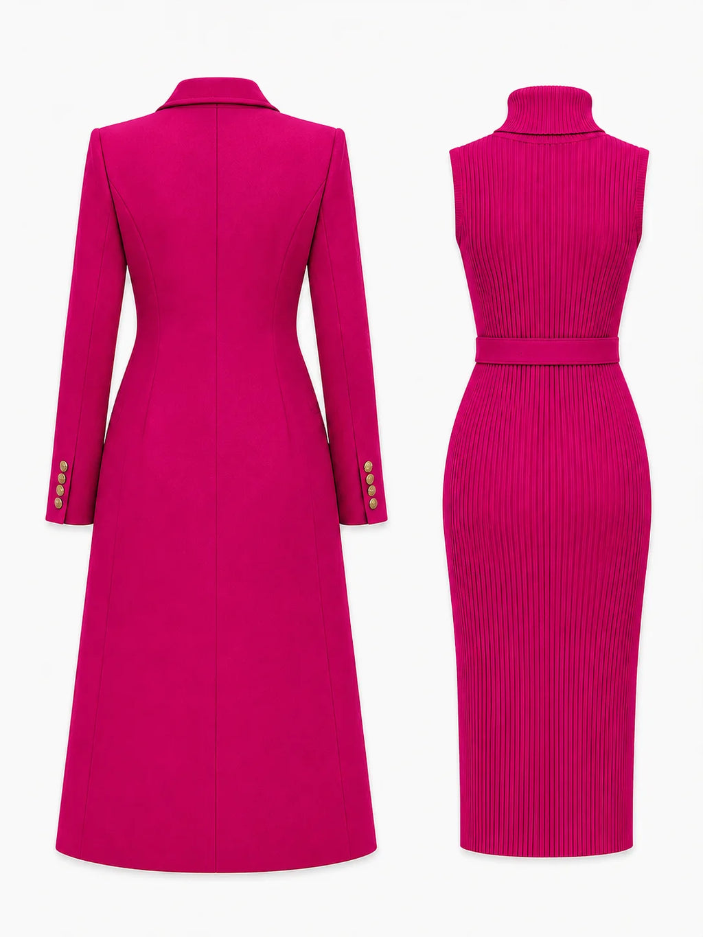 Rose Red Women's Coat Dress Set with Double-Breasted Buttons & Belted Waist - Flat Lay Back