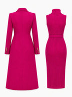 Rose Red Women's Coat Dress Set with Double-Breasted Buttons & Belted Waist - Flat Lay Back