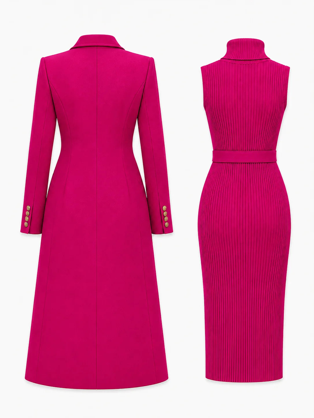Rose Red Women's Coat Dress Set with Double-Breasted Buttons & Belted Waist - Flat Lay Back