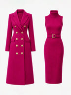 Rose Red Women's Coat Dress Set with Double-Breasted Buttons & Belted Waist - Flat Lay Set