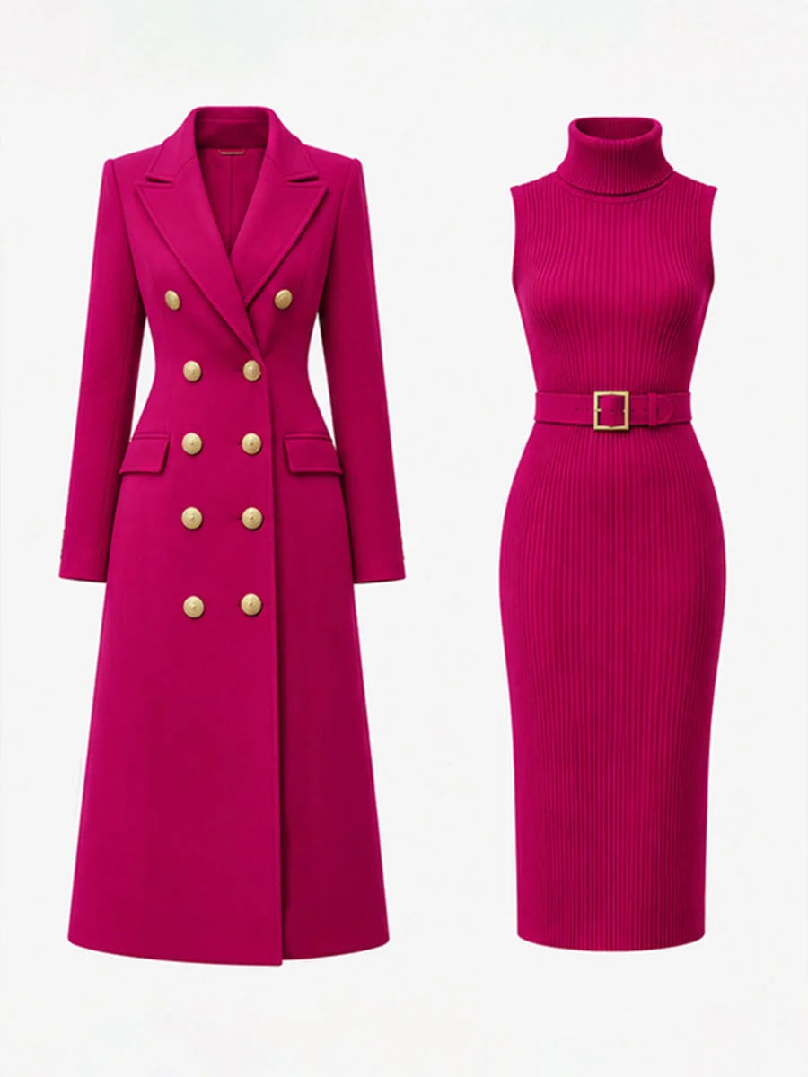 Rose Red Women's Coat Dress Set with Double-Breasted Buttons & Belted Waist - Flat Lay Set