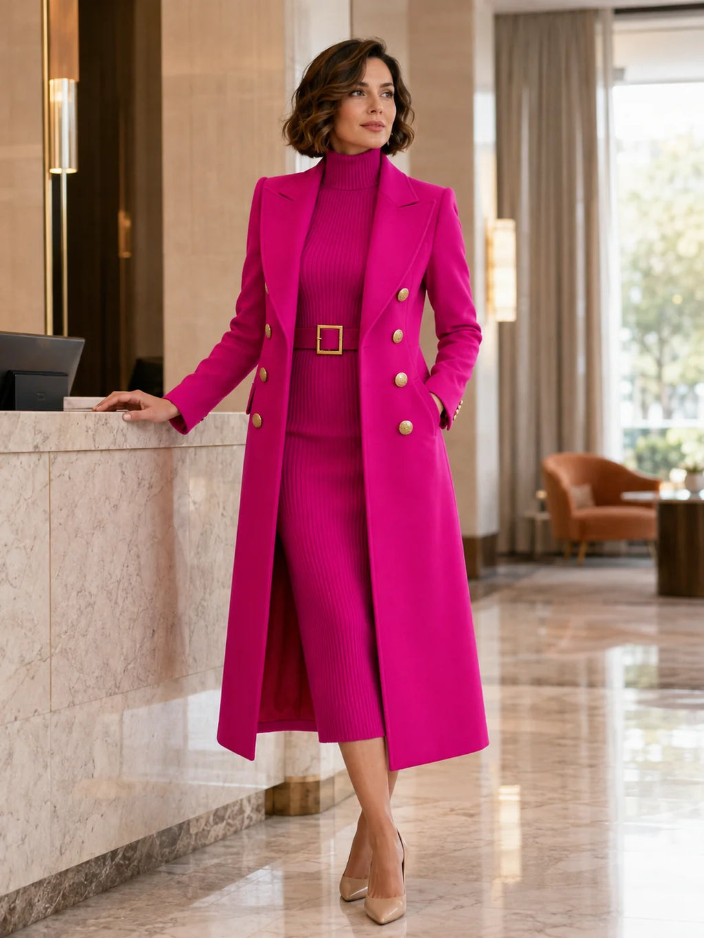 Rose Red Women's Coat Dress Set with Double-Breasted Buttons & Belted Waist - Indoor Walking