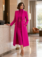 Rose Red Women's Coat Dress Set with Double-Breasted Buttons & Belted Waist - Indoor Walking