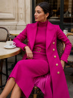 Rose Red Women's Coat Dress Set with Double-Breasted Buttons & Belted Waist - Seated Cafe