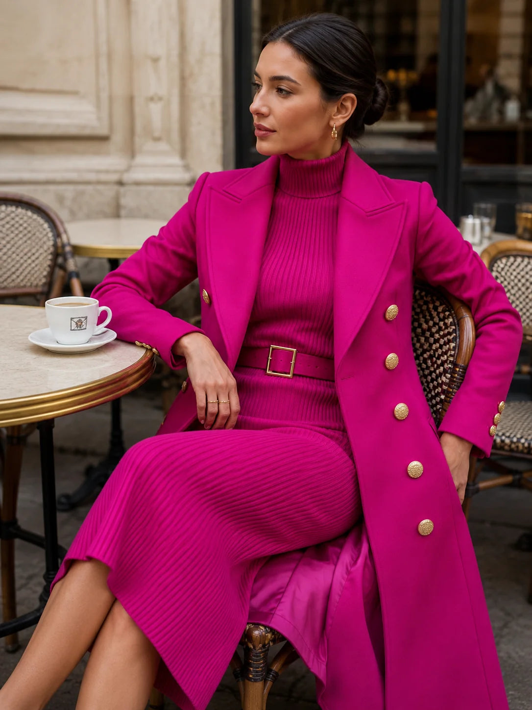 Rose Red Women's Coat Dress Set with Double-Breasted Buttons & Belted Waist - Seated Cafe