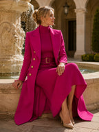 Rose Red Women's Coat Dress Set with Double-Breasted Buttons & Belted Waist - Seated Outdoor