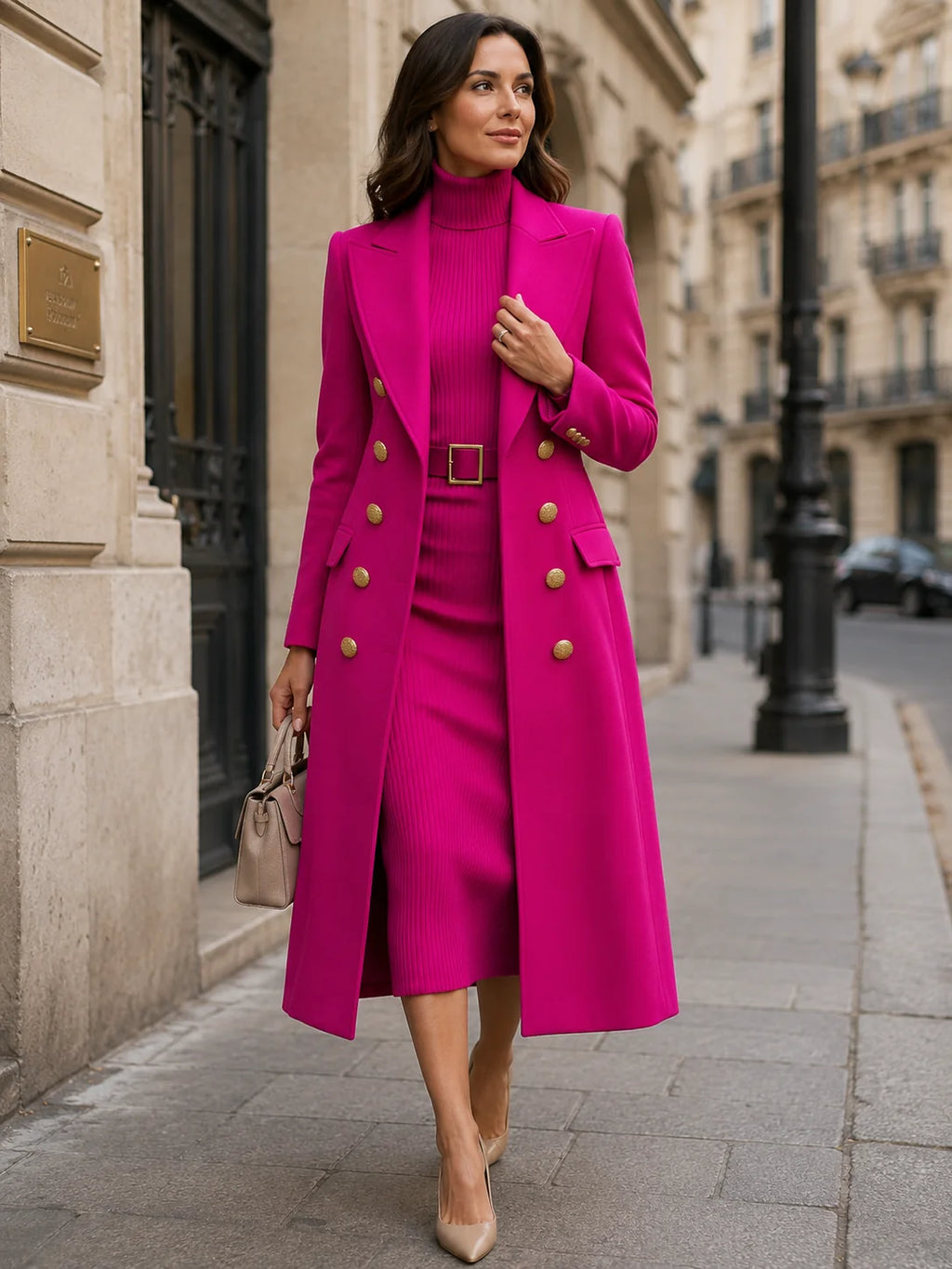 Rose Red Women's Coat Dress Set with Double-Breasted Buttons & Belted Waist - Walking Street