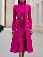 Rose Red Women's Coat Dress Set with Double-Breasted Buttons & Belted Waist