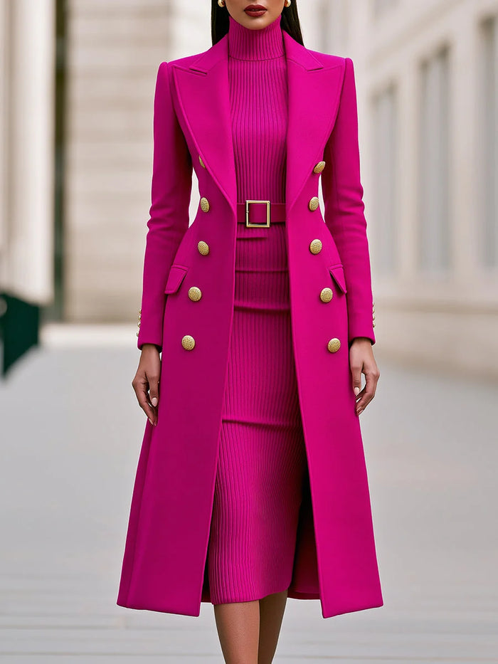 Rose Red Women's Coat Dress Set with Double-Breasted Buttons & Belted Waist