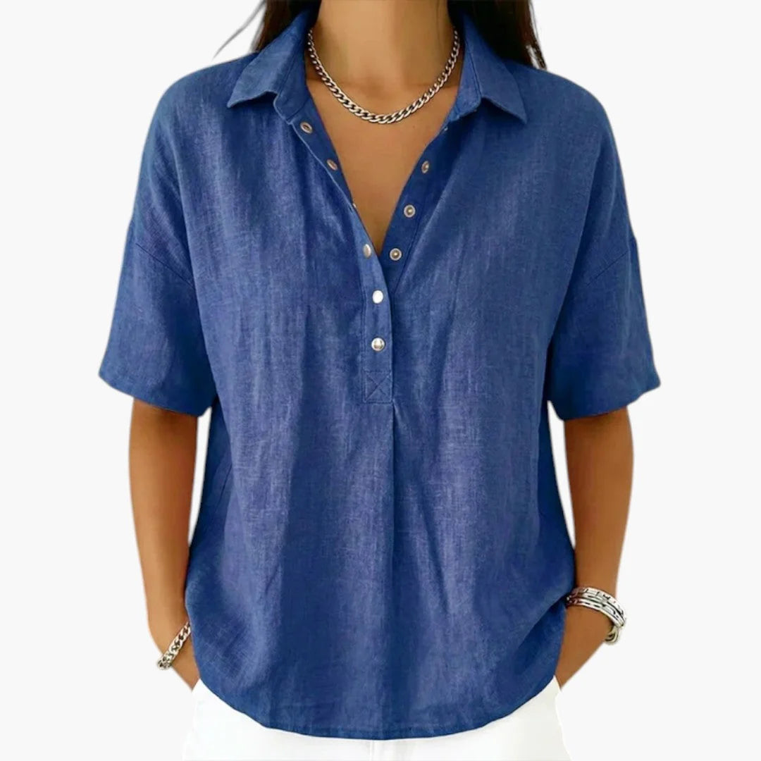 Blue Women's Linen Collared Blouse with Half-Button Placket & Relaxed Fit - Front Buttons
