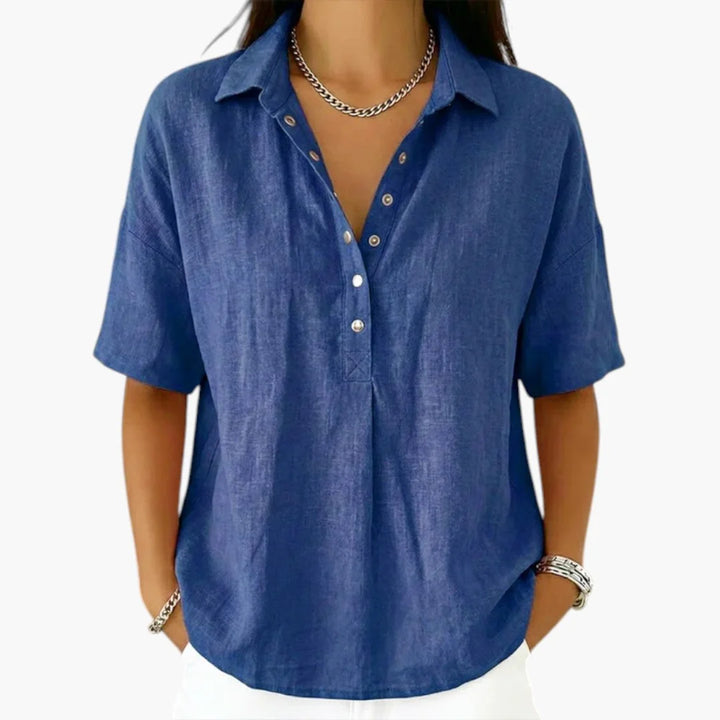 Blue Women's Linen Collared Blouse with Half-Button Placket & Relaxed Fit - Front Buttons