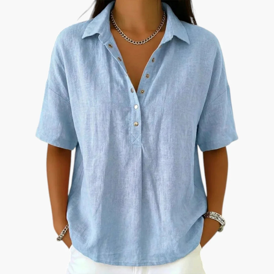 Light Blue Women's Linen Collared Blouse with Half-Button Placket & Relaxed Fit - Front Studio