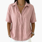 Pink Women's Linen Collared Blouse with Half-Button Placket & Relaxed Fit