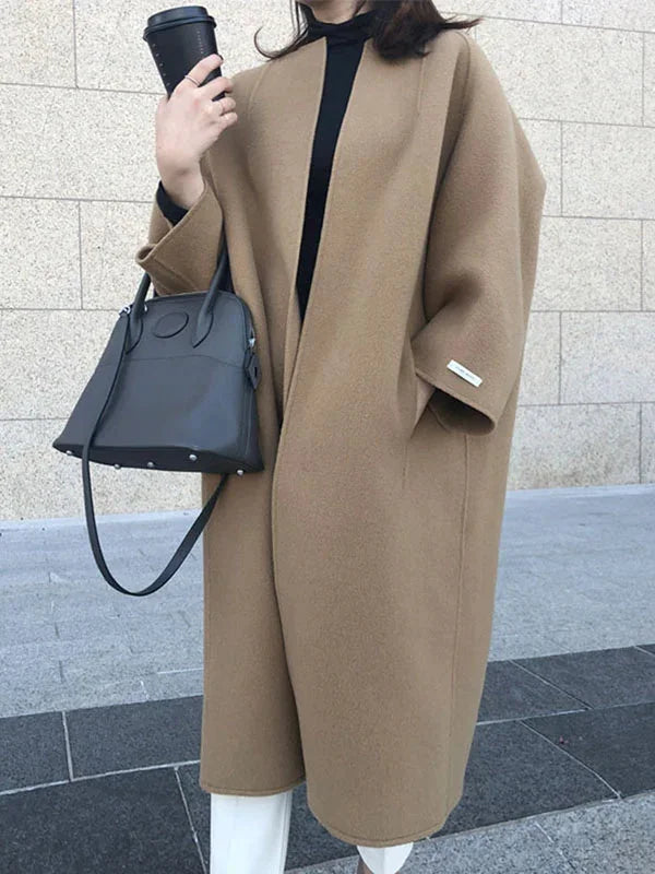 Women's Long Wool Coat with Collarless Neckline & Oversized Sleeves - Front Draped