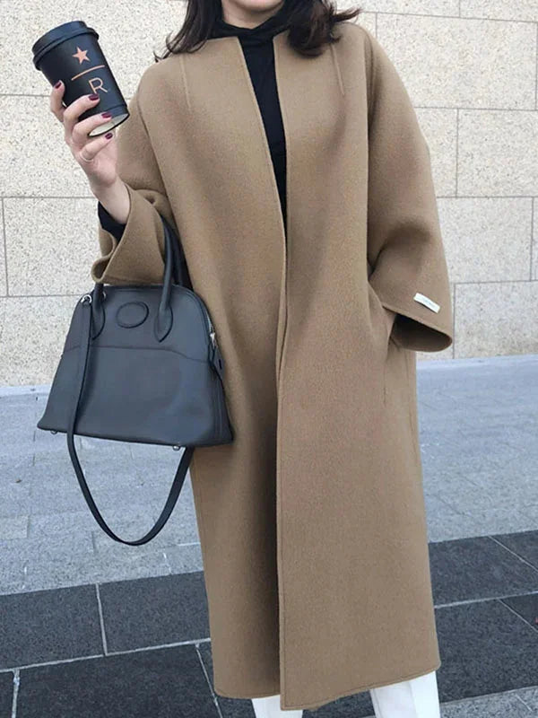 Beige Women's Long Wool Coat with Collarless Neckline & Oversized Sleeves