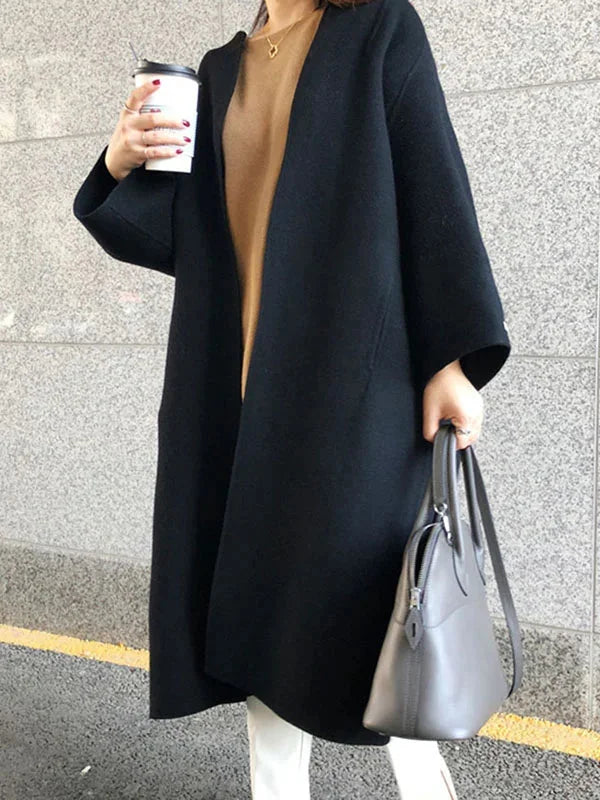 Women's Long Wool Coat with Collarless Neckline & Oversized Sleeves - Front Hold Bag