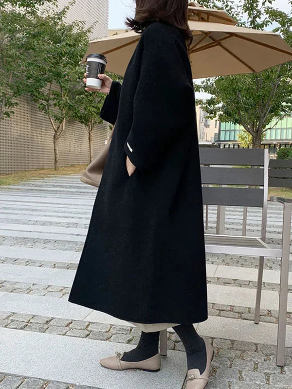 Women's Long Wool Coat with Collarless Neckline & Oversized Sleeves - Side Walking Umbrella