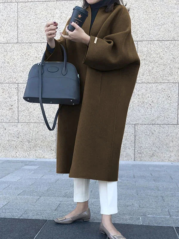 Brown Women's Long Wool Coat with Collarless Neckline & Oversized Sleeves