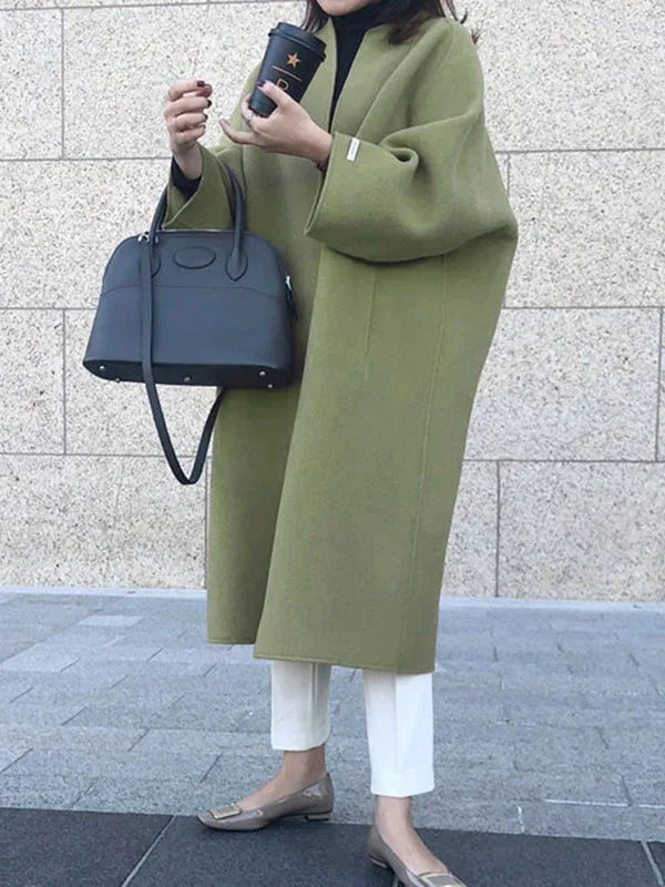 Green Women's Long Wool Coat with Collarless Neckline & Oversized Sleeves