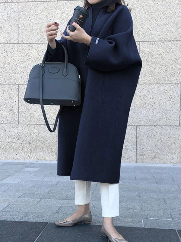 Navy Women's Long Wool Coat with Collarless Neckline & Oversized Sleeves