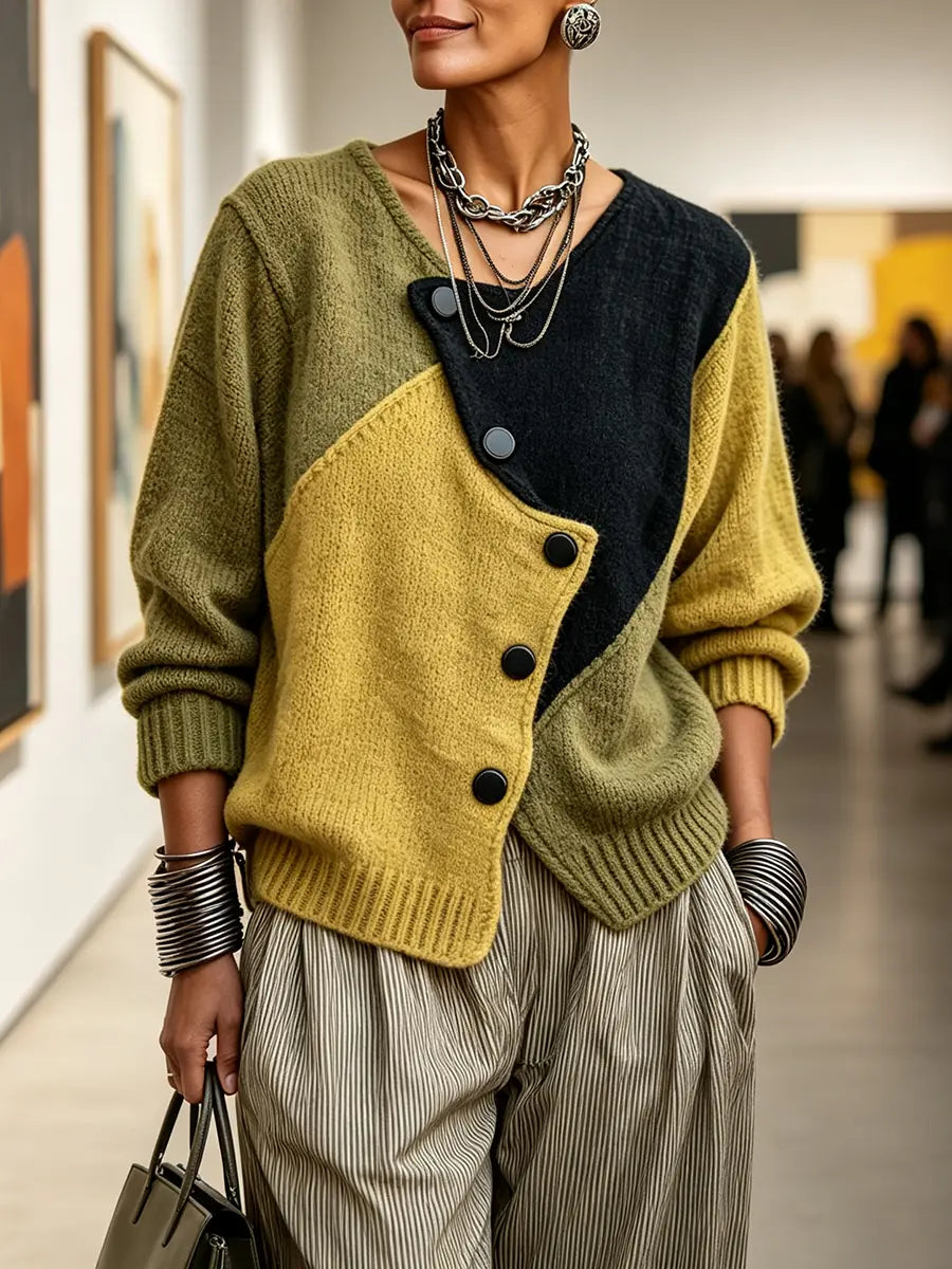 Yellow Women's Color Block Sweater with Asymmetric Button Front - Front Full Gallery