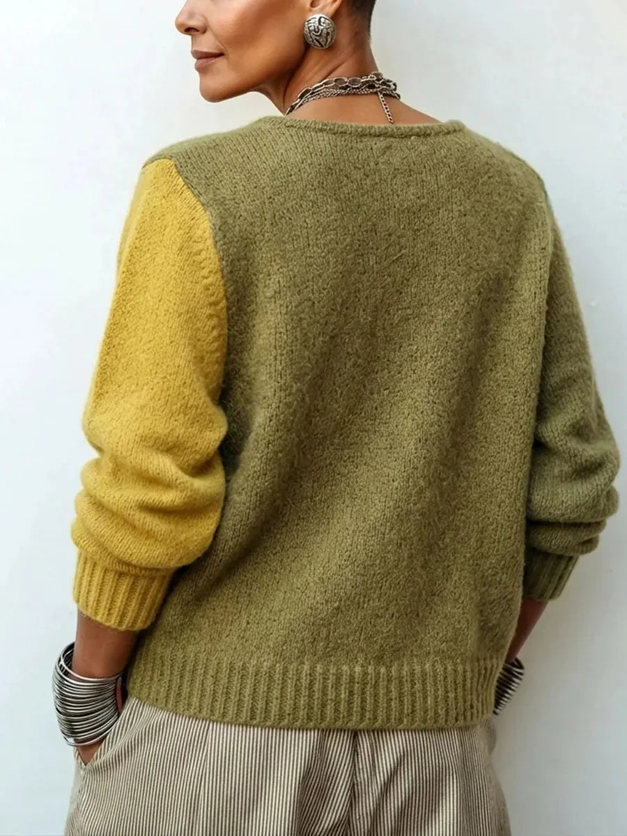 Yellow Women's Color Block Sweater with Asymmetric Button Front - Back Detail