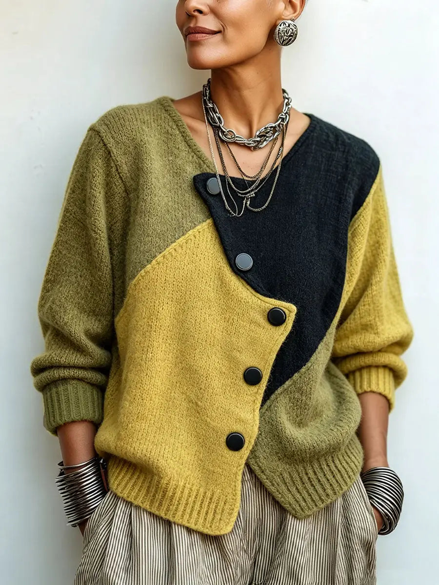 Yellow Women's Color Block Sweater with Asymmetric Button Front