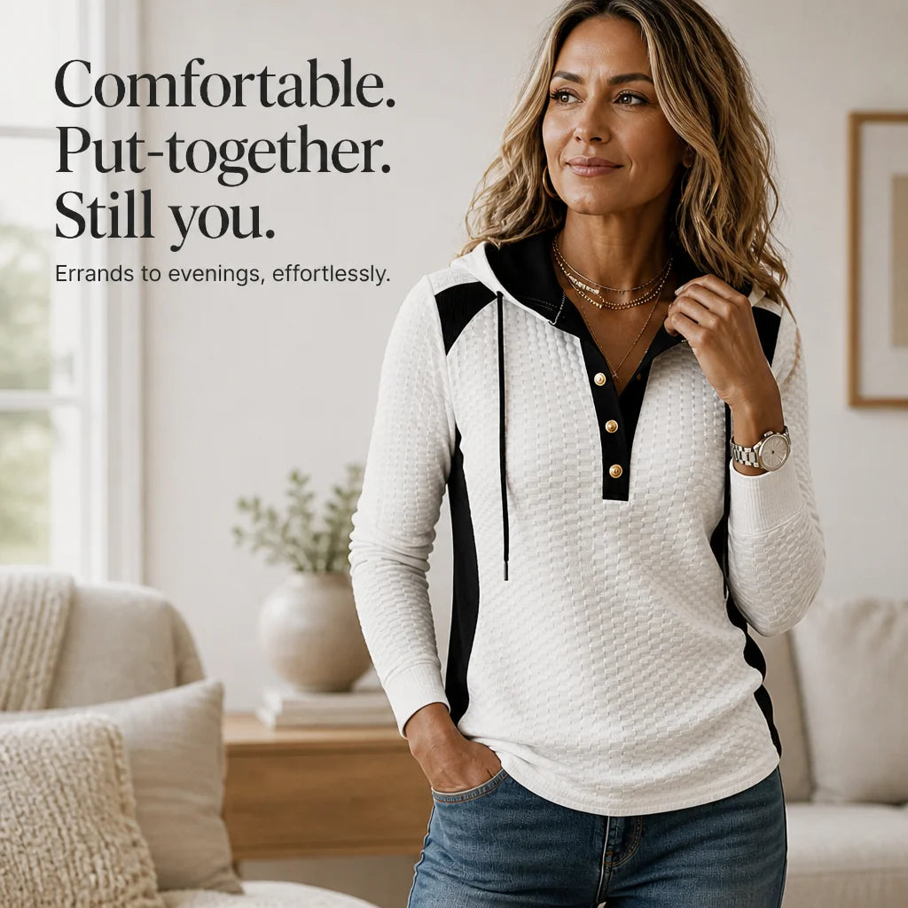 Women's Color Block Hoodie with V-Neck Button Placket & Drawstring Hood - Infographic Lifestyle