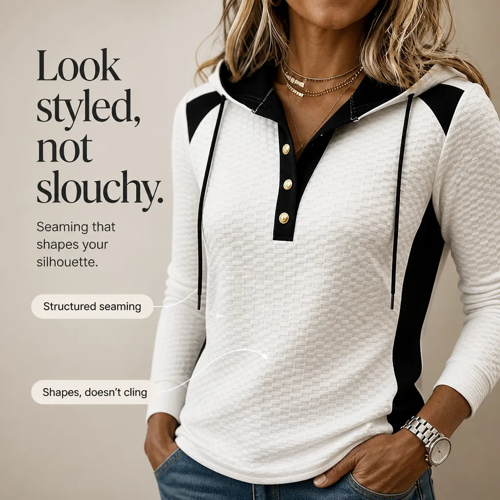 Women's Color Block Hoodie with V-Neck Button Placket & Drawstring Hood - Infographic Seaming