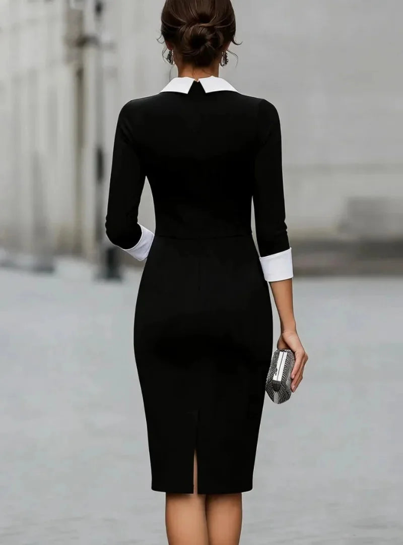 Women's Midi Dress with Notched Collar & Contrast Cuffs - Back Detail