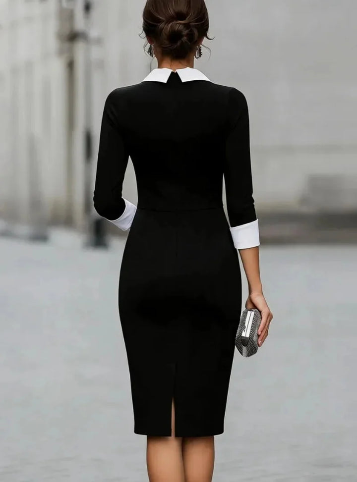 Women's Midi Dress with Notched Collar & Contrast Cuffs - Back Detail