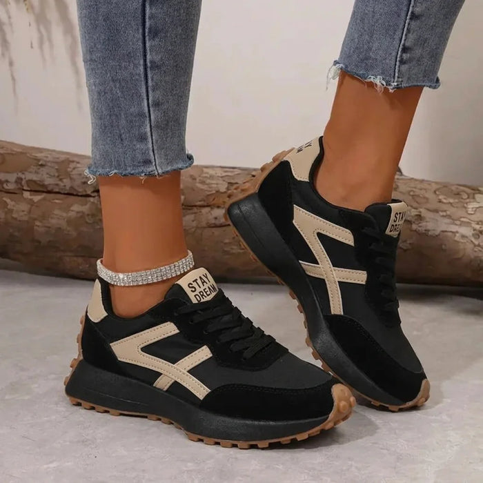 Black Women's Comfort Sneakers with Cushioned Footbed & Lightweight Design - Beige Front Full Worn