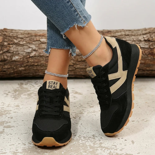 Black Beige Women's Comfort Sneakers with Cushioned Footbed & Lightweight Design - Side Pose Outdoor