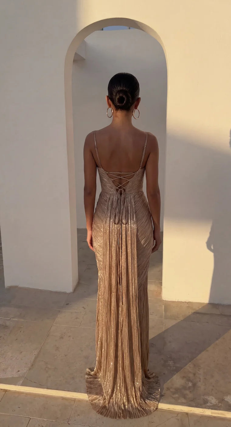Gold Women's Glitter Maxi Dress with Corset Bodice & Lace-Up Back - Back Lace Up Detail