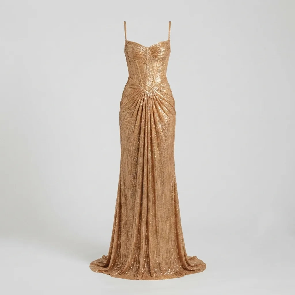Gold Women's Glitter Maxi Dress with Corset Bodice & Lace-Up Back - Flat Product Shot
