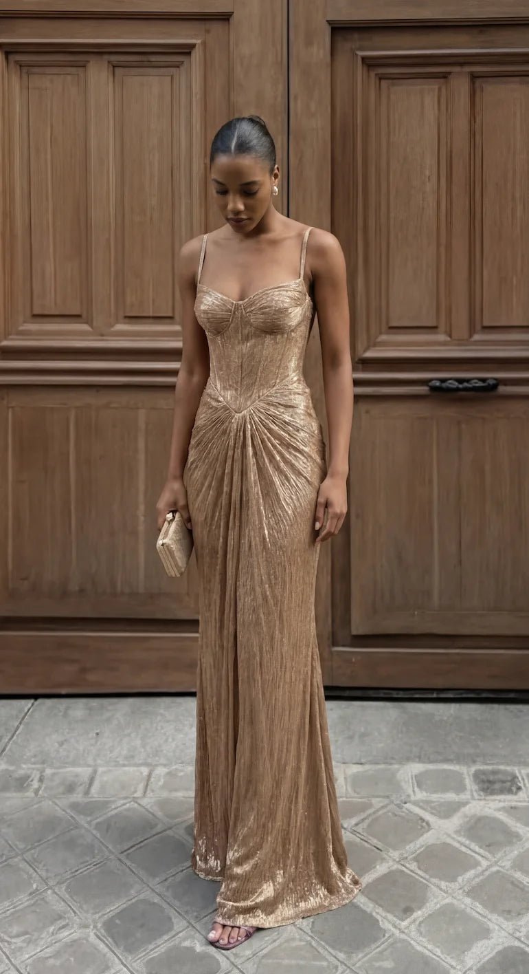Gold Women's Glitter Maxi Dress with Corset Bodice & Lace-Up Back - Front Full Outdoor