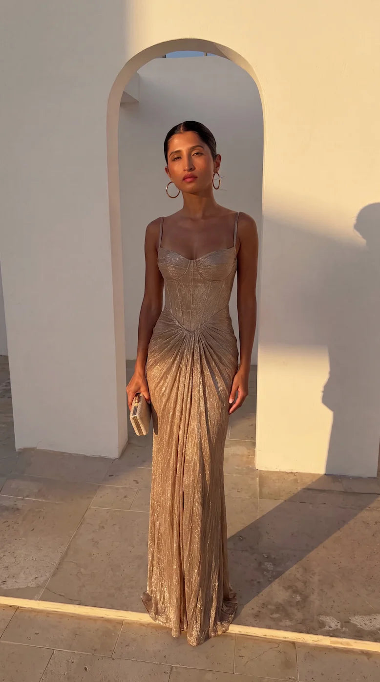 Gold Women's Glitter Maxi Dress with Corset Bodice & Lace-Up Back - Front Pose Archway