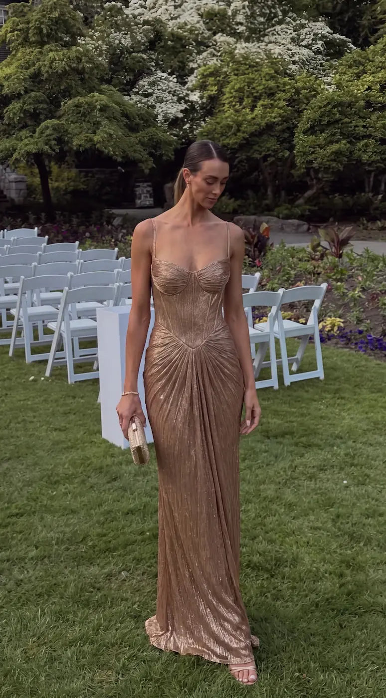 Gold Women's Glitter Maxi Dress with Corset Bodice & Lace-Up Back - Front Pose Garden