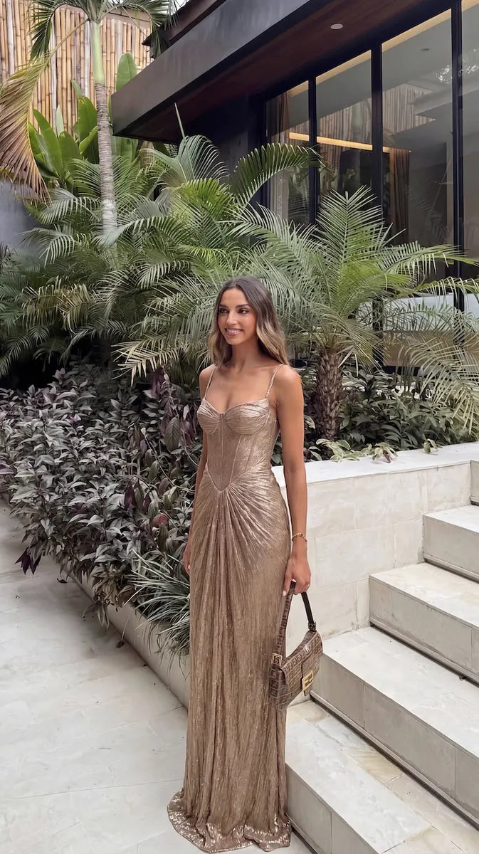 Gold Women's Glitter Maxi Dress with Corset Bodice & Lace-Up Back - Side Pose Tropical
