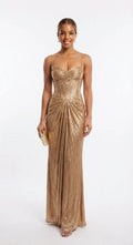 Gold Women's Glitter Maxi Dress with Corset Bodice & Lace-Up Back