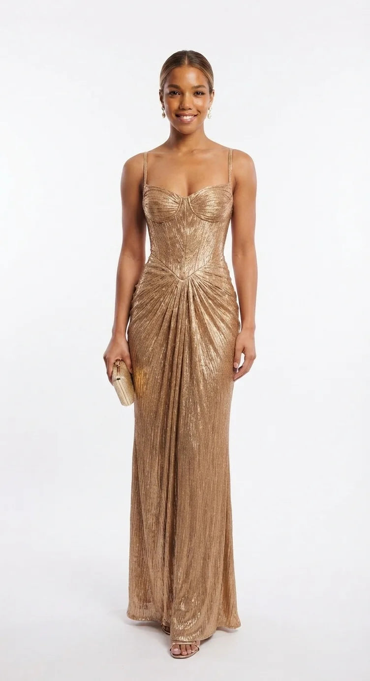 Gold Women's Glitter Maxi Dress with Corset Bodice & Lace-Up Back