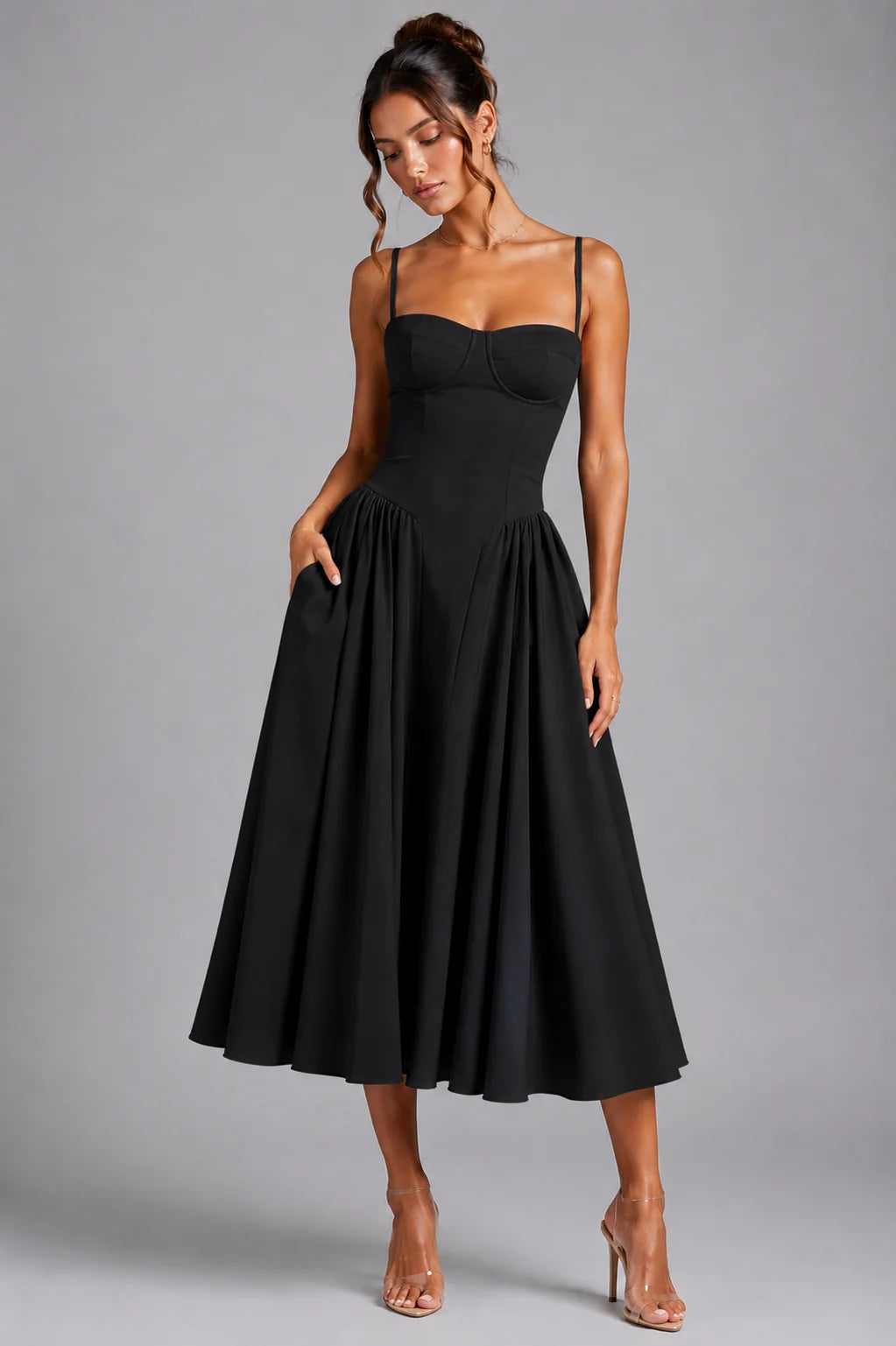 Black Women's Corset Midi Dress with Lace-Up Back & Full Skirt